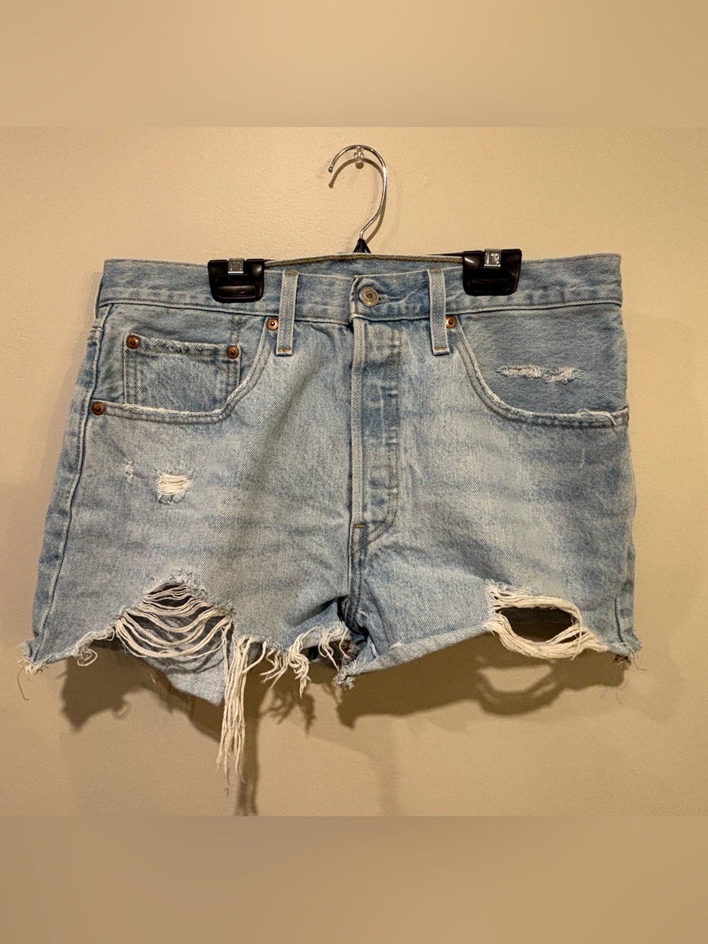 Levi's 501 Light Blue Distressed Cutoff Denim Shorts